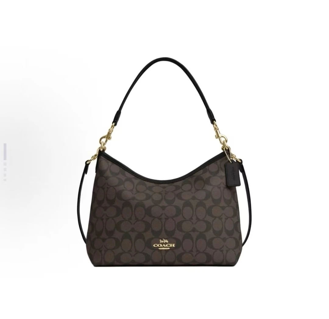 商品[国内直发] Coach|COACH蔻驰 Laurel 31 通勤大容量可拆卸肩带 标志性涂层帆布和光滑皮革 流浪包腋下包单肩斜挎手提包 大号 女款 棕黑色,价格¥3093,第1张图片