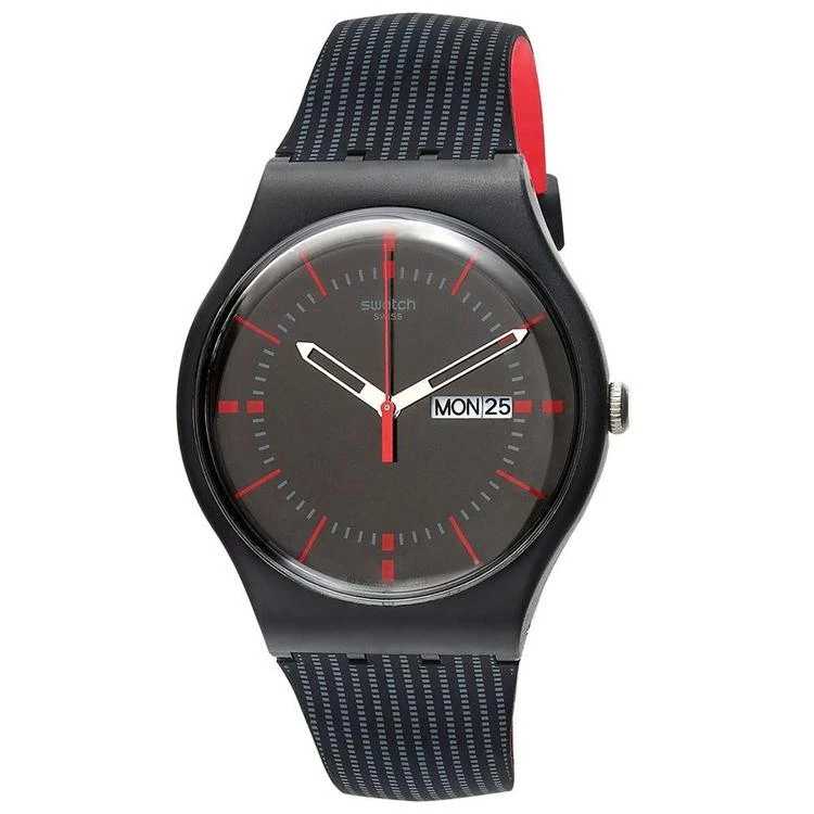 商品Swatch|Unisex Swiss Gaet Black and Red Double-Layered Silicone Strap Watch 41mm SUOB714,价格¥538,第1张图片