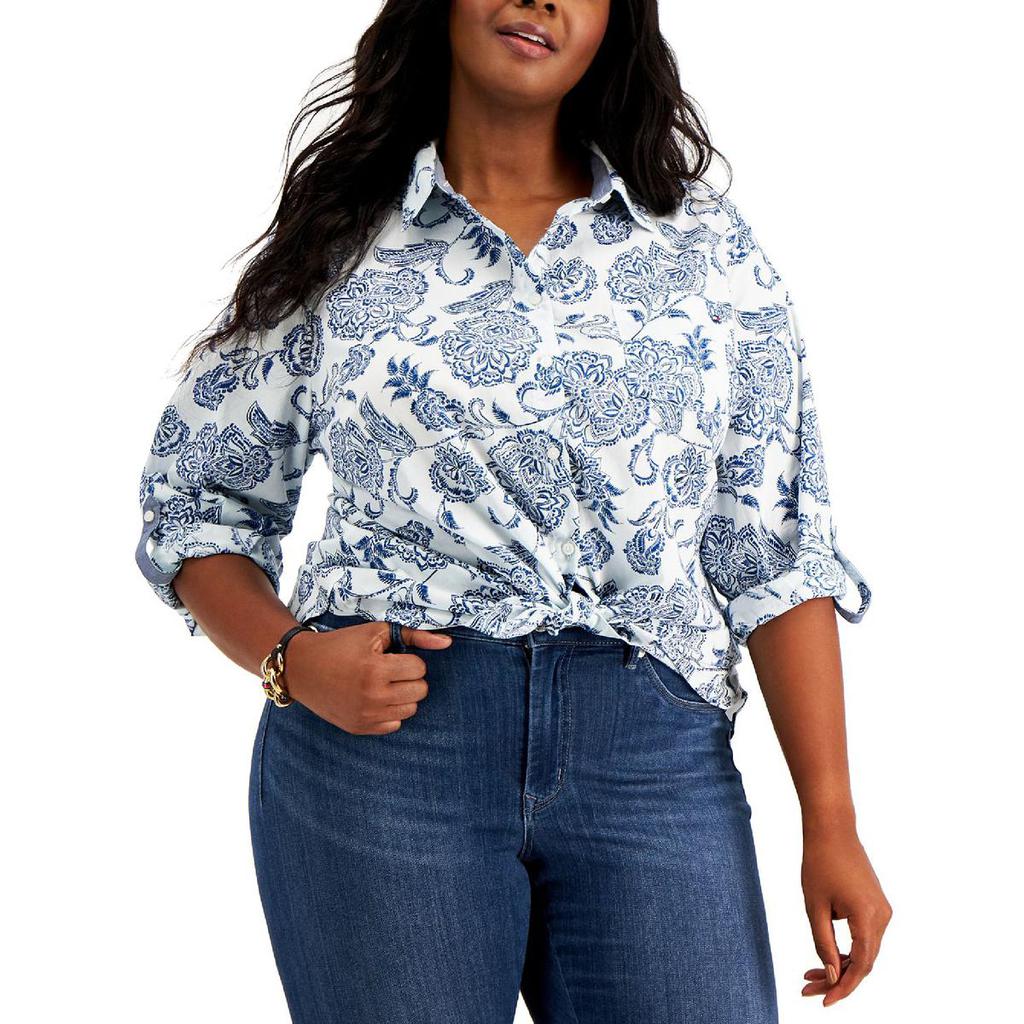 Tommy Hilfiger Womens Plus Cotton Floral Button-Down Top商品第1张图片规格展示