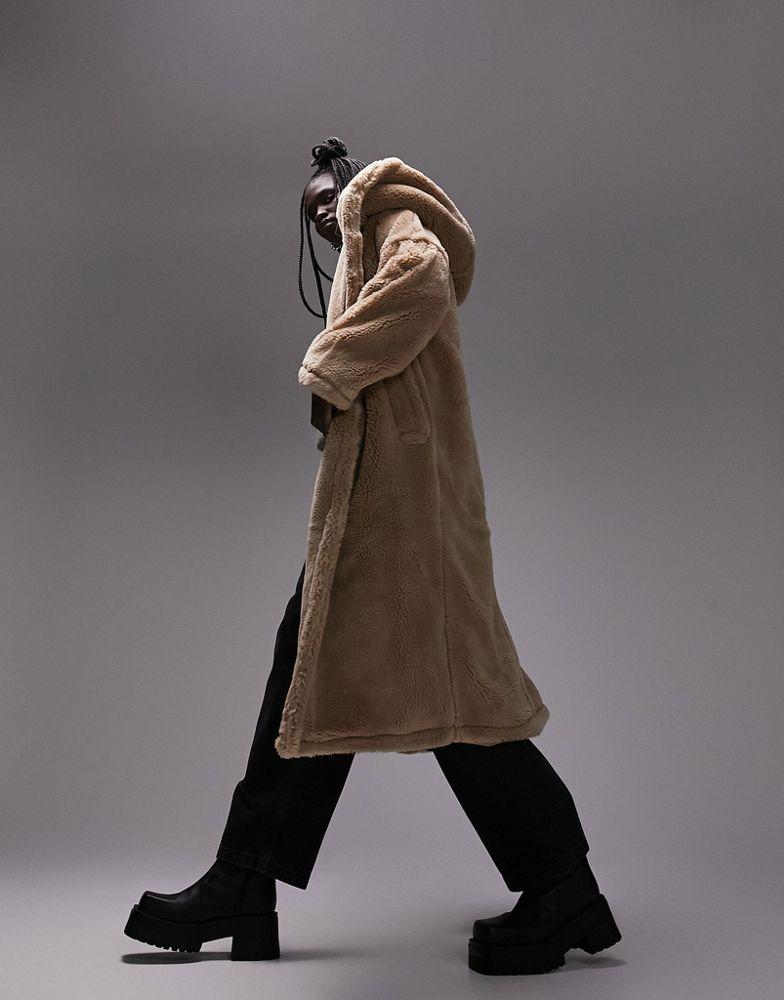 Topshop hooded borg coat in camel商品第1张图片规格展示