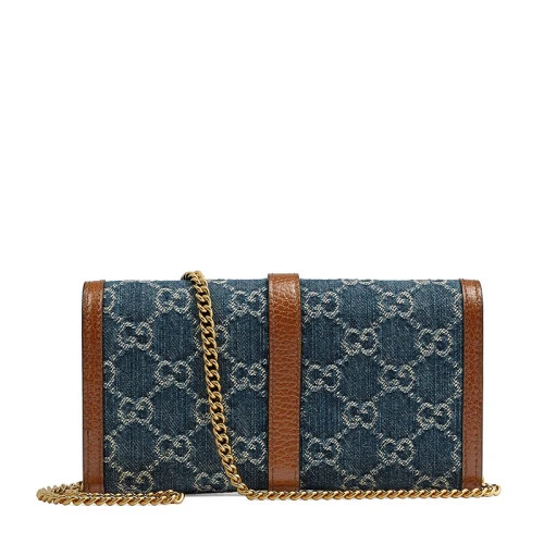 GUCCI/古驰 经典款Jackie 1961系列 女士蓝色/米色双G提花牛仔布棕色小牛皮金扣链条长款钱包6526812KQGG8375 商品