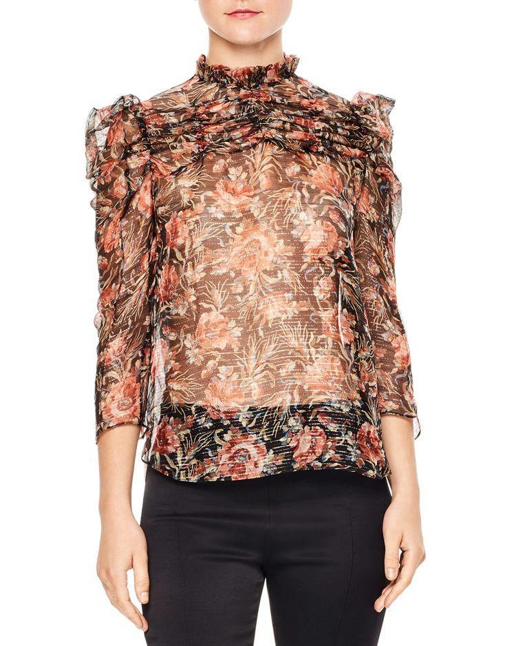 商品Sandro|Amina Floral-Print Metallic-Stripe Top,价格¥1474,第1张图片