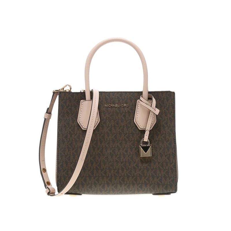 商品Michael Kors|Michael Kors MERCER中号PVC女士锁头斜挎手提风琴包 30F8GM9M6B BRN/SFTPINK 新年情人节送礼好物,价格¥1501,第1张图片