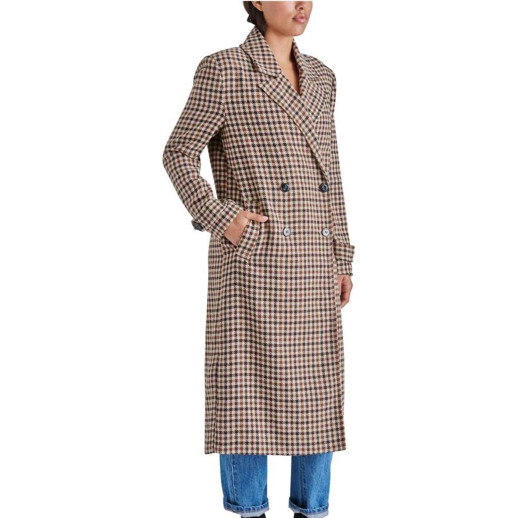 商品Steve Madden|Prince Double Breasted Long Coat In Brown Plaid,价格¥667,第3张图片详细描述