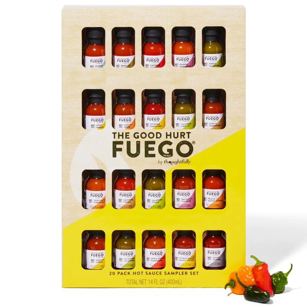 商品Thoughtfully|The Good Hurt Fuego Hot Sauce Gift Set, Delicious and Unique Flavors, Set of 20,价格¥317,第1张图片