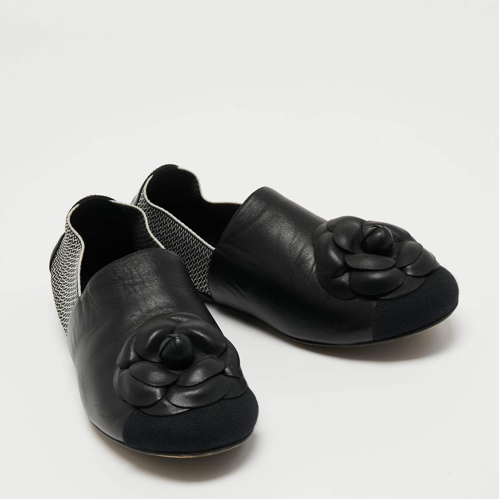 Chanel Two Tone Leather and Elastic Cap Toe Camellia Flower Ballet Flats Size 37商品第4张图片规格展示