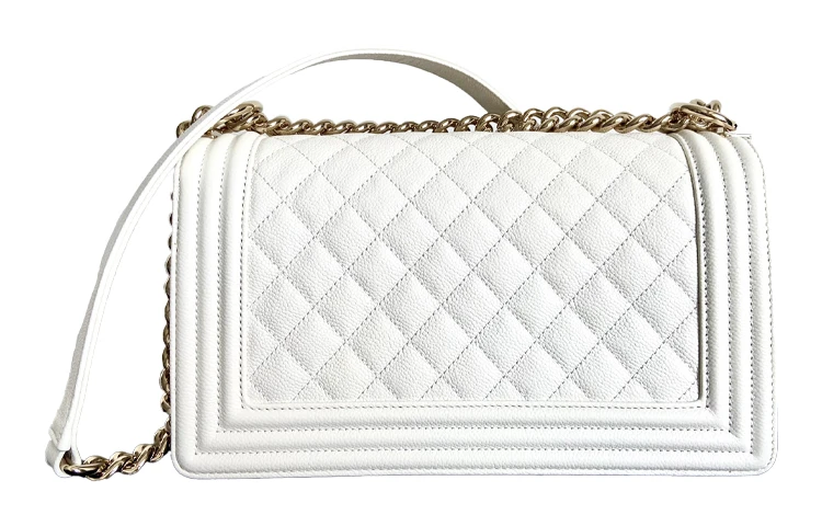 商品[国内直发] Chanel|香奈儿 LEBOY 金扣菱格纹链条颗粒压花 小牛皮 单肩斜挎包 中号 女款 白色,价格¥54451,第3张图片详细描述