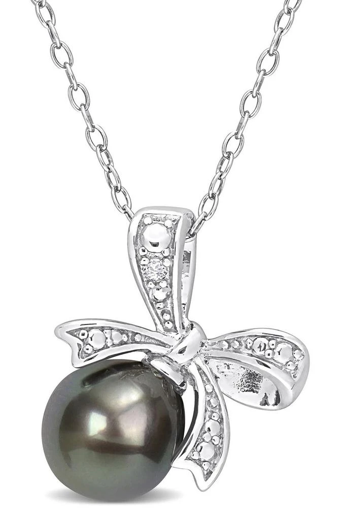 商品DELMAR|Sterling Silver Diamond & 8-8.5mm Black Tahitian Cultured Pearl Bow Pendant,价格¥600,第1张图片