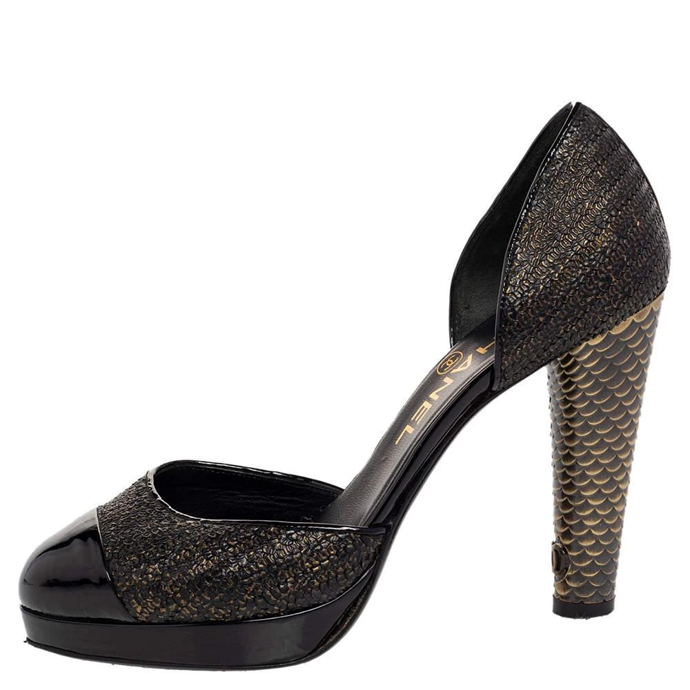 商品[二手商品] Chanel|Chanel Black/Gold Python Effect Leather Cap Toe D'orsay Pumps Size 36,价格¥2490,第2张图片详细描述