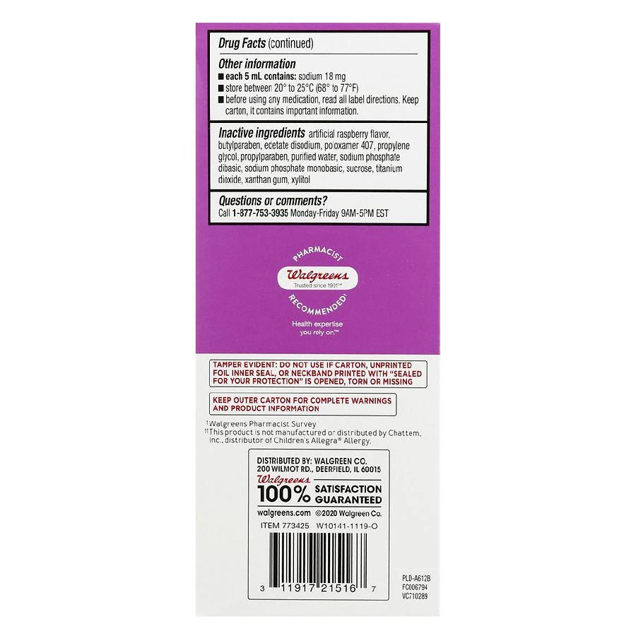 商品Walgreens|Children's Allergy Relief Dye-Free Berry,价格¥166,第4张图片详细描述