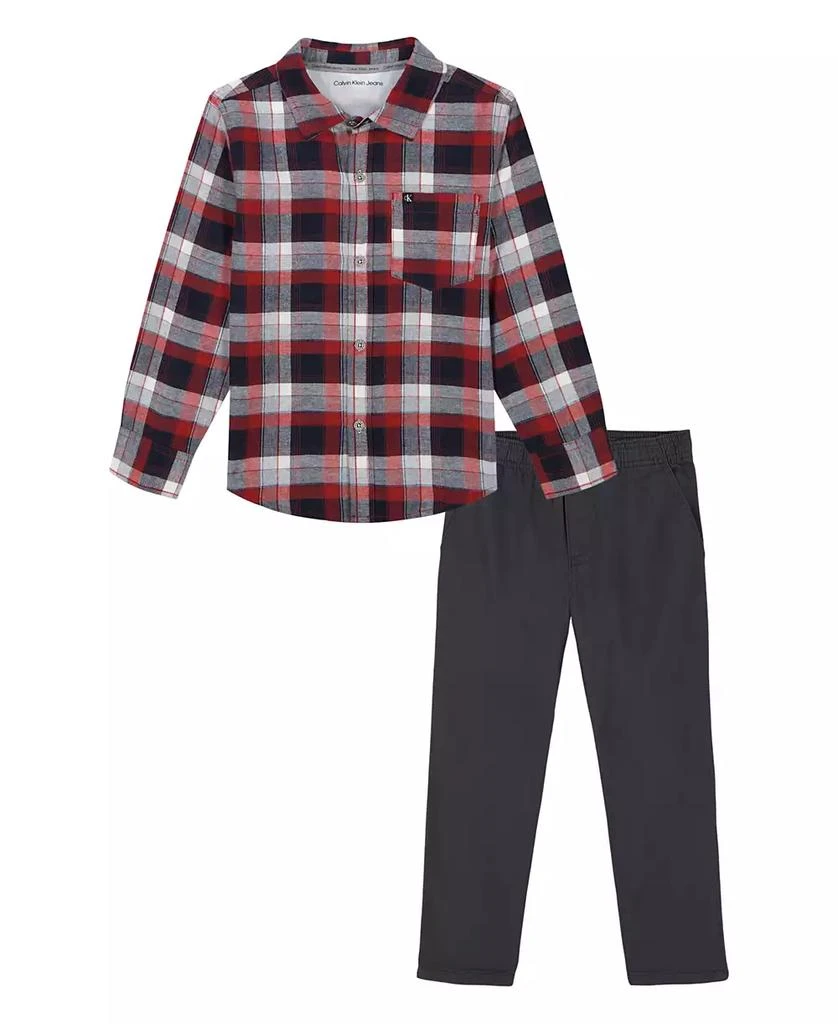 商品Calvin Klein|Little Boys Long Short Sleeve Plaid Button-Front Shirt Prewashed Twill Pants 2-Piece Set,价格¥172,第1张图片