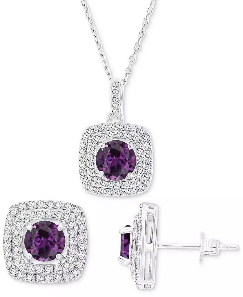 商品Macy's|2-Pc. Set Lab-Grown Alexandrite (4-1/10 ct. t.w.) & Lab-Grown White Sapphire (7/8 ct. t.w.) Square Halo Pendant Necklace & Matching Stud Earrings in Sterling Silver,价格¥431,第1张图片