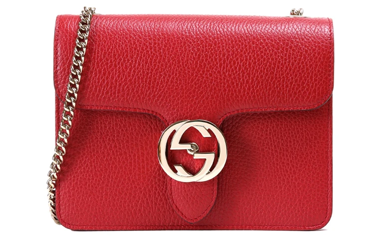 商品[国内直发] Gucci|古驰 金标双G链条肩带 荔枝纹牛皮 邮差包风琴包斜挎单肩包 小号 女款 红色,价格¥6705,第1张图片