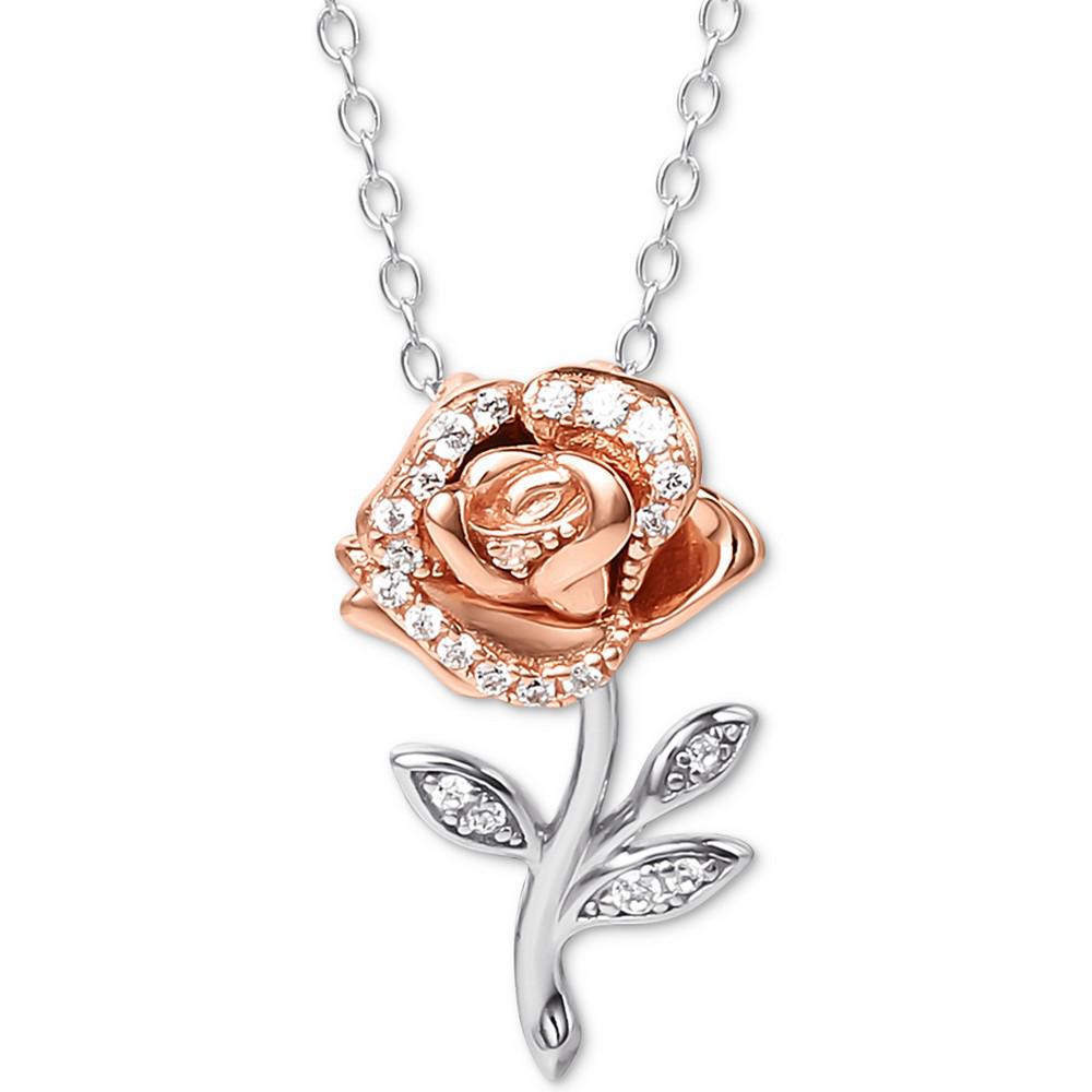 Cubic Zirconia Rose 18" Pendant Necklace in Sterling Silver & 18k Rose Gold-Plate商品第1张图片规格展示