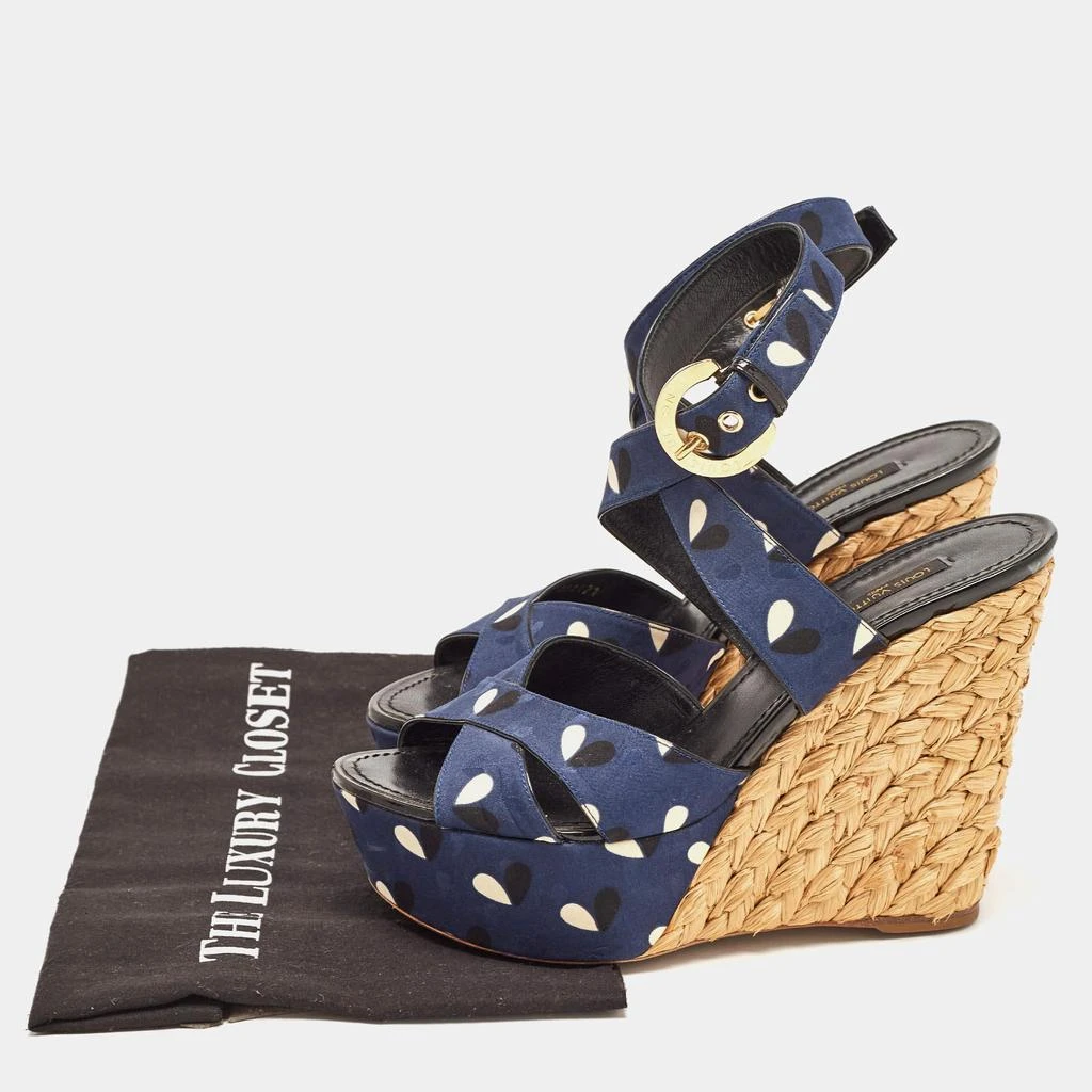 Louis Vuitton Navy Blue Printed Fabric Espadrille Wedge Ankle Wrap Sandals Size 38 商品