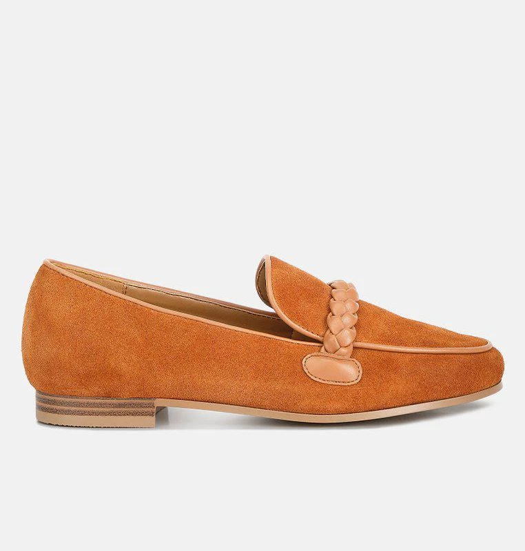 商品Rag & Co|Echo Suede Leather Braided Detail Loafers In Tan,价格¥672,第1张图片