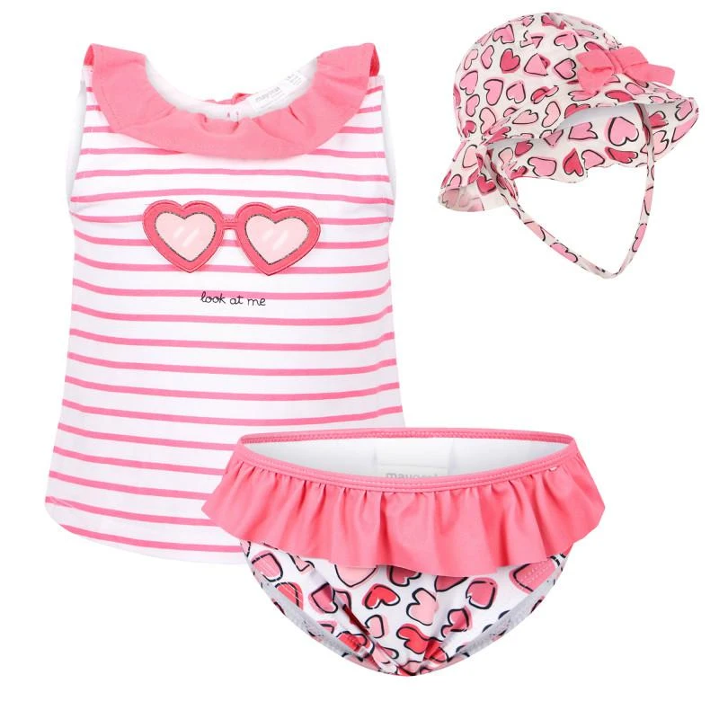 商品Mayoral|Love hearts ruffled set of top panties and baby cap in white and pink,价格¥448,第1张图片