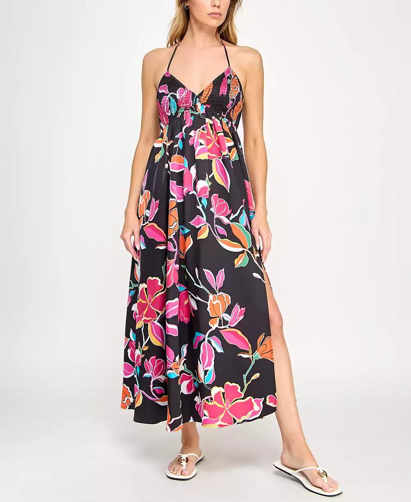 Shop Juniors' Printed Smocked-Bodice Slit-Front Dress on