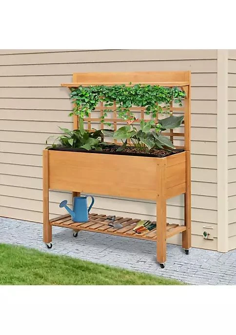 商品belk|41 Wooden Raised Garden Bed With Wheels Trellis Upper Below Storage Shelf Elevated Planter Box Stand For Vegetables Flower Outdoor Indoor Brown,价格¥1508,第2张图片详细描述