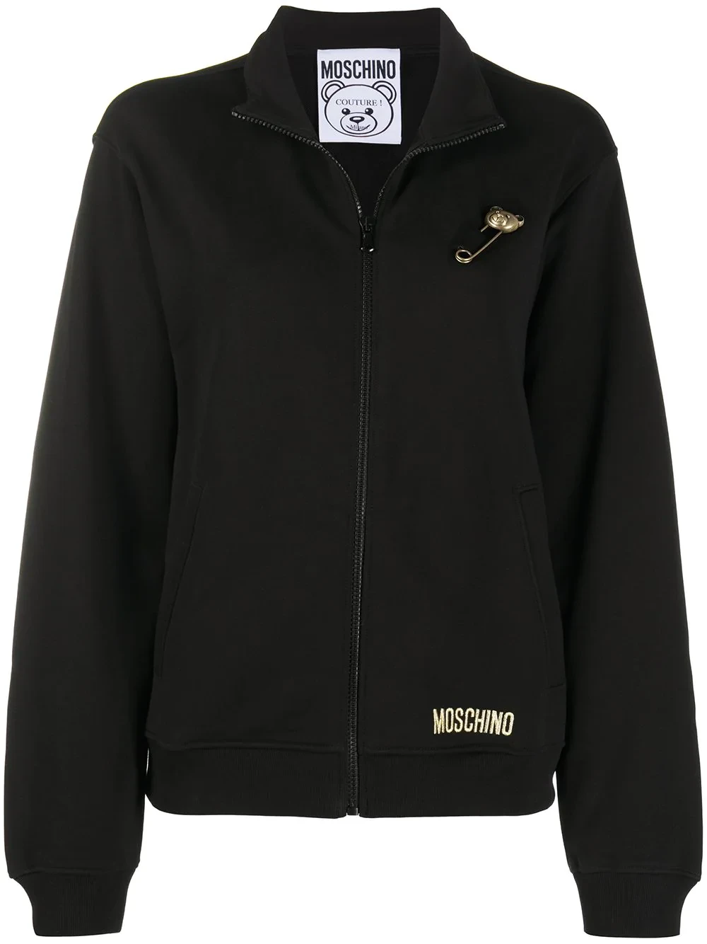 商品[国内直发] Moschino|MOSCHINO 女士黑色棉质饰有安全别针字母LOGO刺绣拉链高领卫衣 V1707-5527-0555,价格¥3872,第1张图片