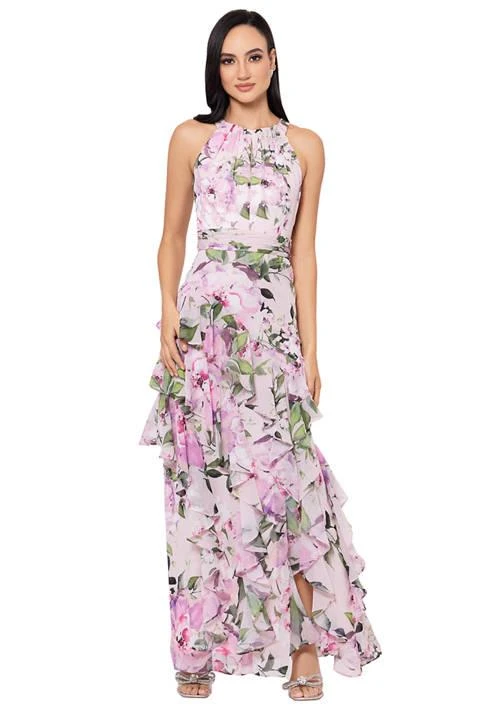 商品XSCAPE|Womens Halter Neck Sleeveless Floral Printed Ruffle Fit And Flare Gown,价格¥1517,第1张图片