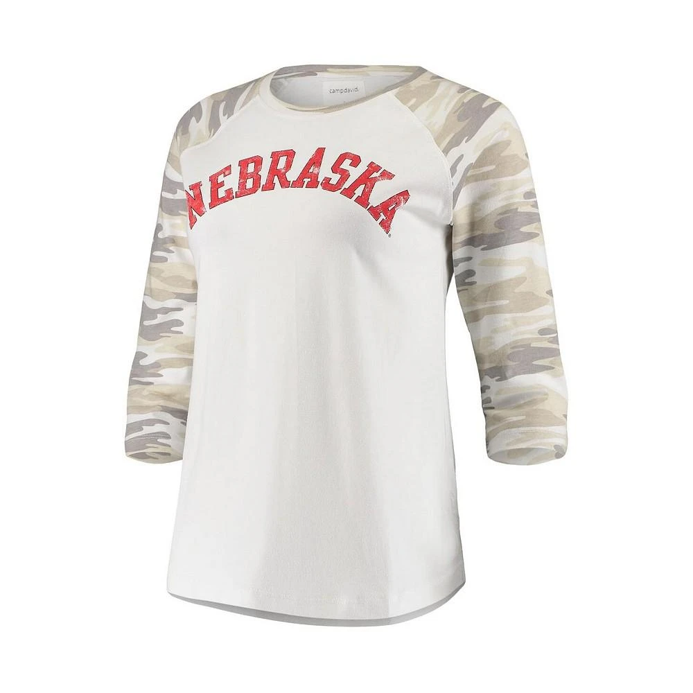 商品Camp David|Women's White and Camo Nebraska Huskers Boyfriend Baseball Raglan 3/4 Sleeve T-shirt,价格¥261,第2张图片详细描述