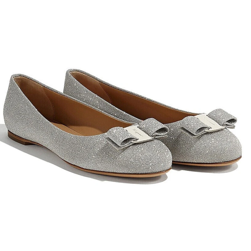 SALVATORE FERRAGAMO 女士银色牛皮亮闪蝴蝶结平底鞋 001-P691-709613 商品