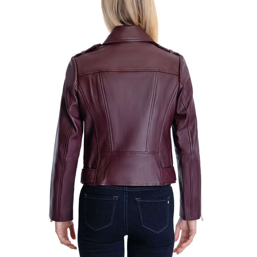 Women's Petite Belted Leather Moto Jacket商品第2张图片规格展示