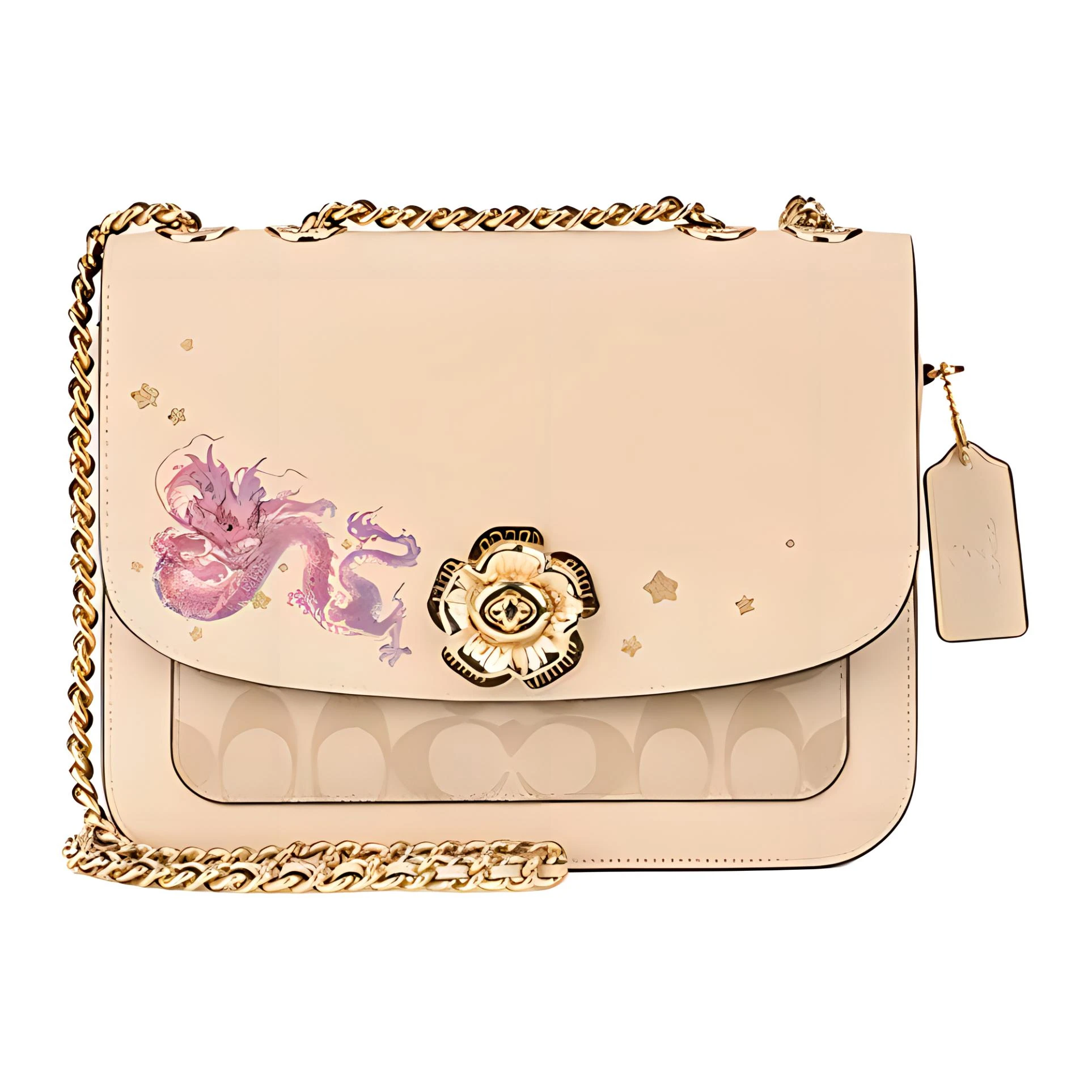 商品[国内直发] Coach|蔻驰 Madison 24 新年系列龙图案经典 牛皮革配PVC 小方包斜挎单肩包 中号 女款 浅卡其色拼象牙白色混合色 #龙年限定#,价格¥1725,第1张图片
