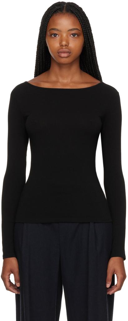 Black Scoop Neck Long Sleeve T-Shirt商品第1张图片规格展示