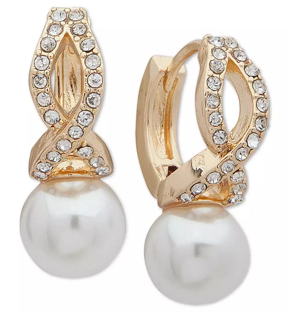 商品Anne Klein|GOLD-TONE IMITATION PEARL AND CRYSTAL HUGGIE DROP EARRINGS,价格¥99,第1张图片