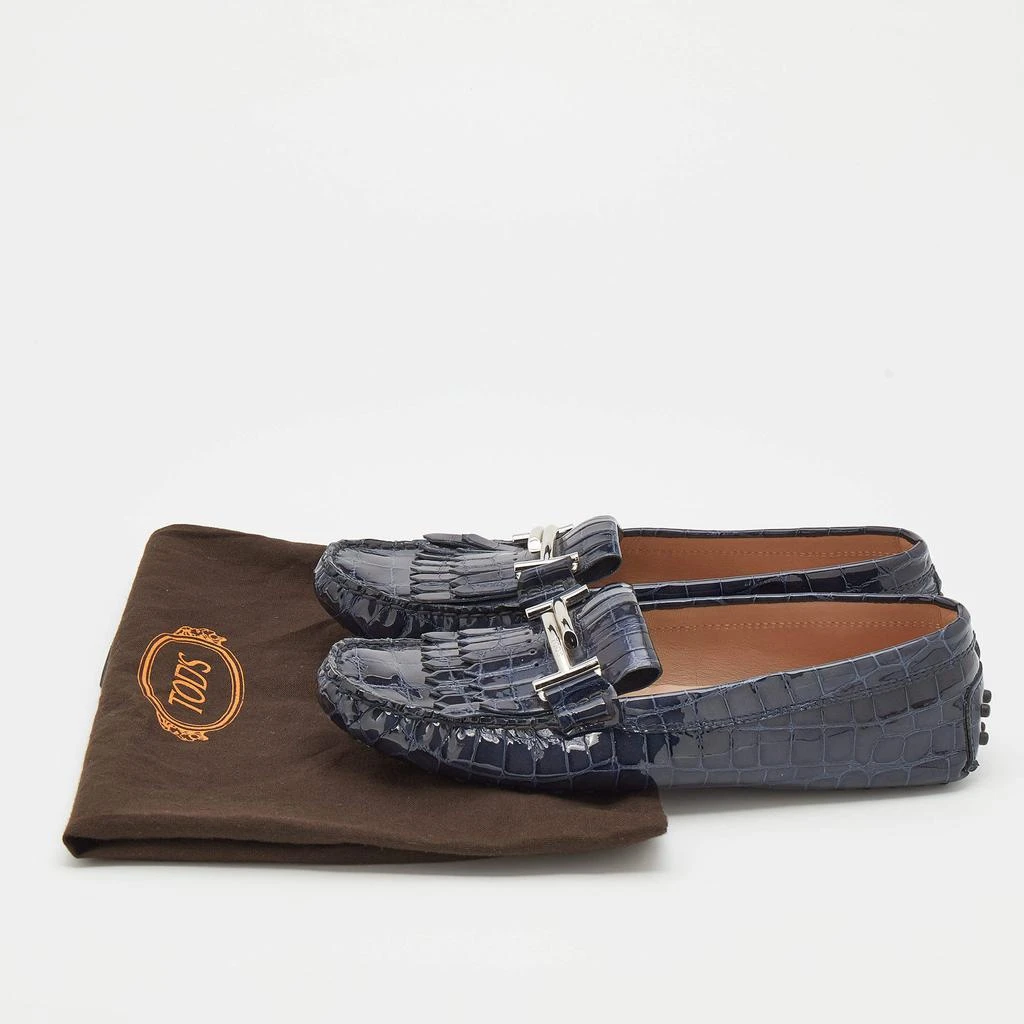 Tod's Oxford Blue Croc Embossed Patent Leather Double T Slip On Loafers Size 38 商品