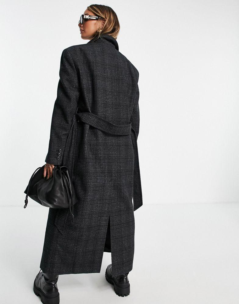 商品Topshop|Topshop wrap belted maxi coat in charcoal check,价格¥857,第4张图片详细描述