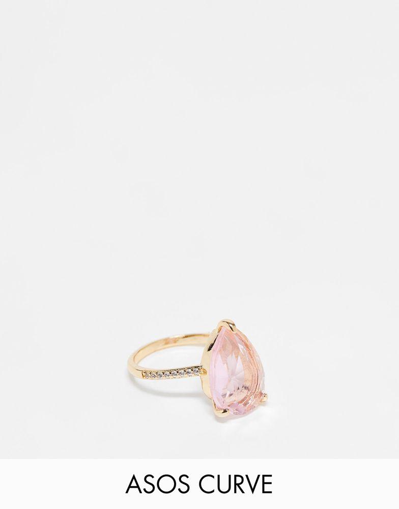 ASOS DESIGN Curve ring with teardrop pink crystal in gold tone商品第1张图片规格展示