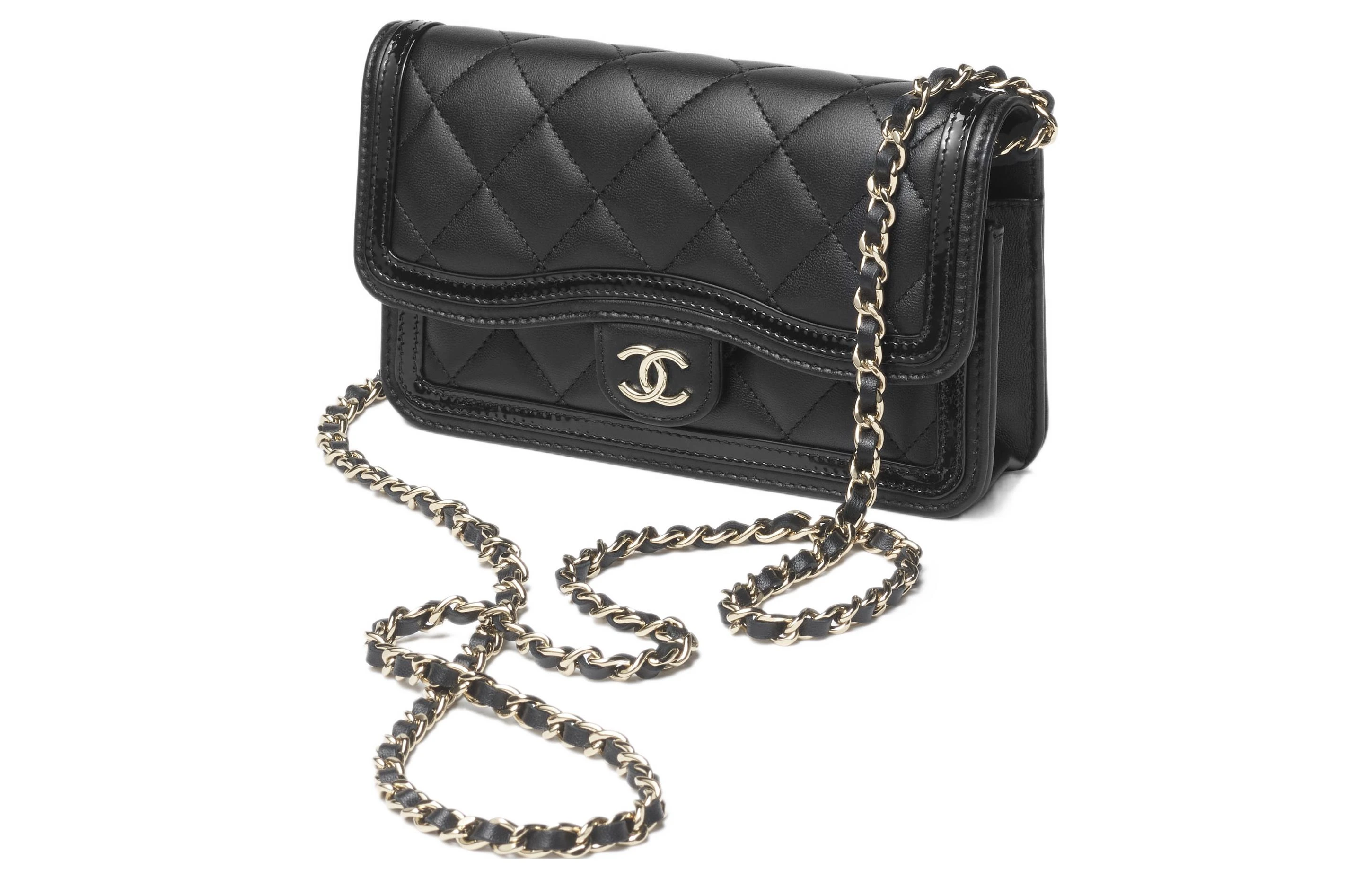 商品[国内直发] Chanel|香奈儿 23B 金扣链条菱格纹 小羊皮漆皮小牛皮 斜挎单肩包 常规 女款 黑色,价格¥26152,第3张图片详细描述