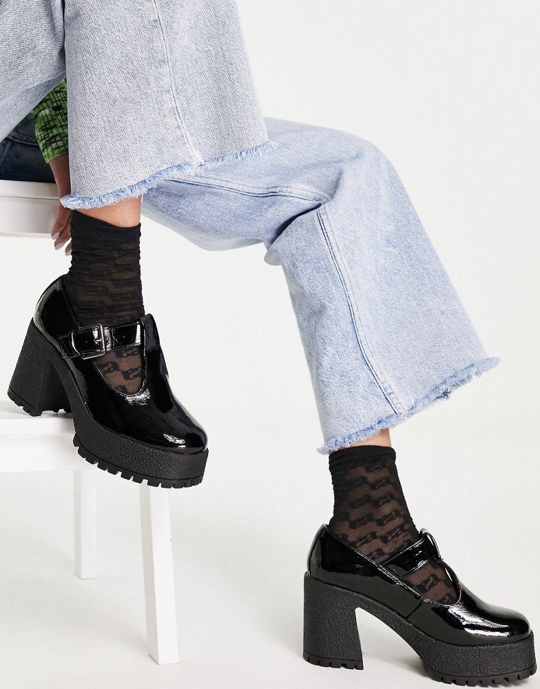 ASOS DESIGN Wide Fit Spark chunky mary jane high shoes in black patent商品第4张图片规格展示