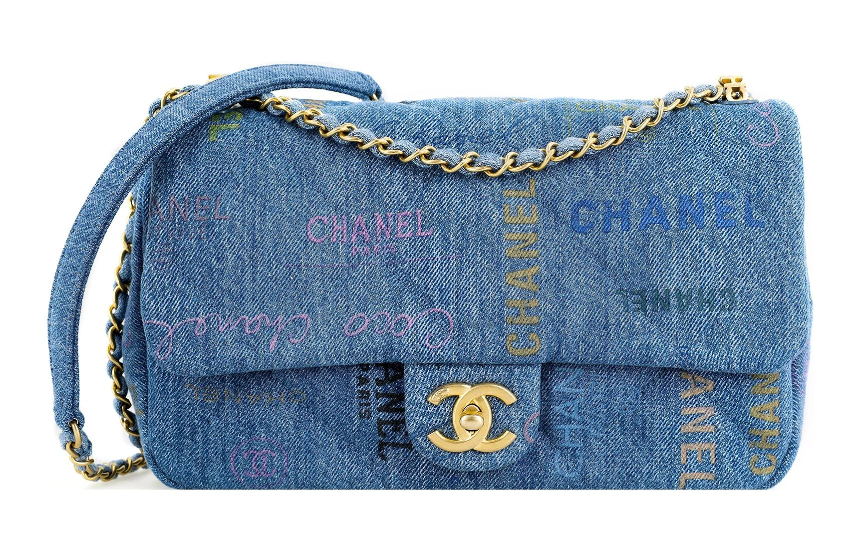 商品[国内直发] Chanel|香奈儿 Classic Flap CF 金扣链条 牛仔布 口盖包单肩斜挎包 常规 女款 蓝色,价格¥30713,第1张图片