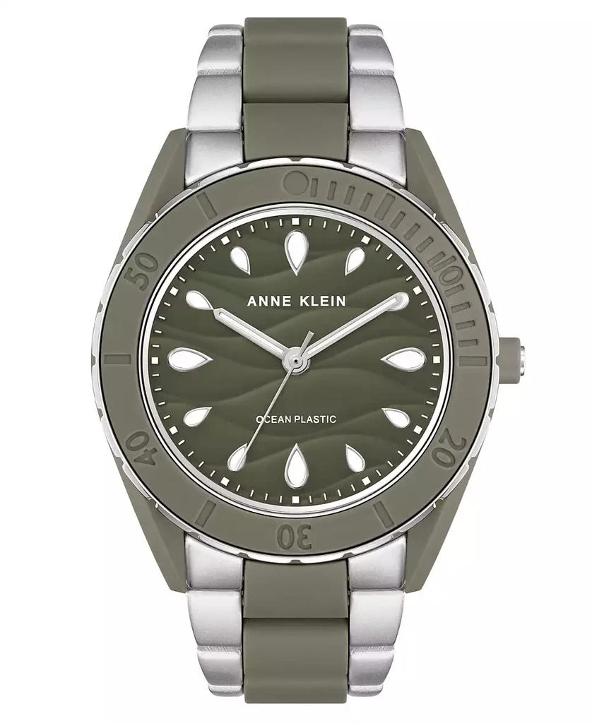 商品Anne Klein|Women's Three-Hand Quartz Silver-Tone and Olive Green Solar Oceanwork Plastic Bracelet Watch, 38.5mm,价格¥562,第1张图片