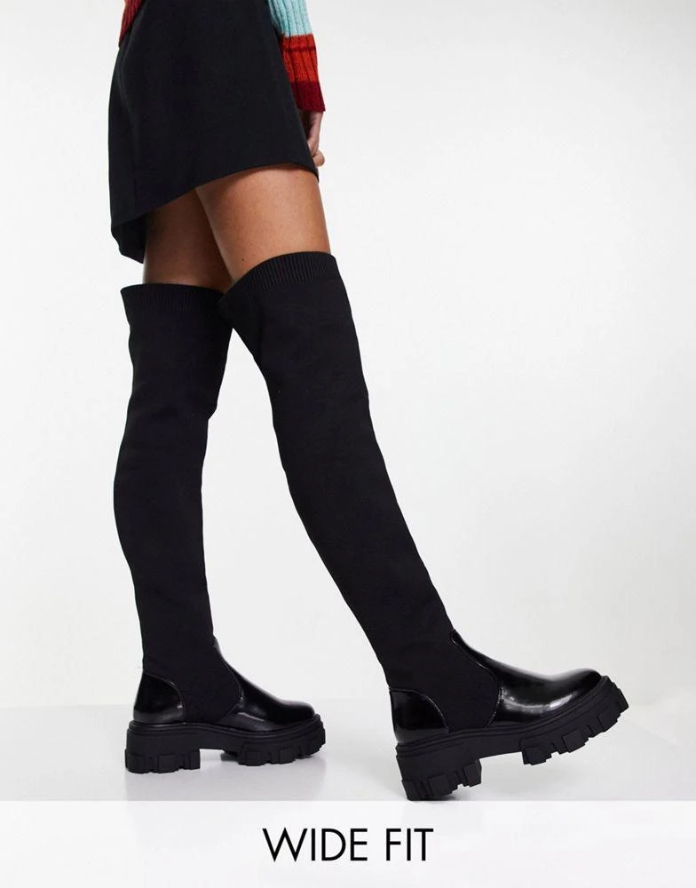 商品ASOS|ASOS DESIGN Wide Fit Kimmy flat chunky over the knee boots in black,价格¥444,第1张图片