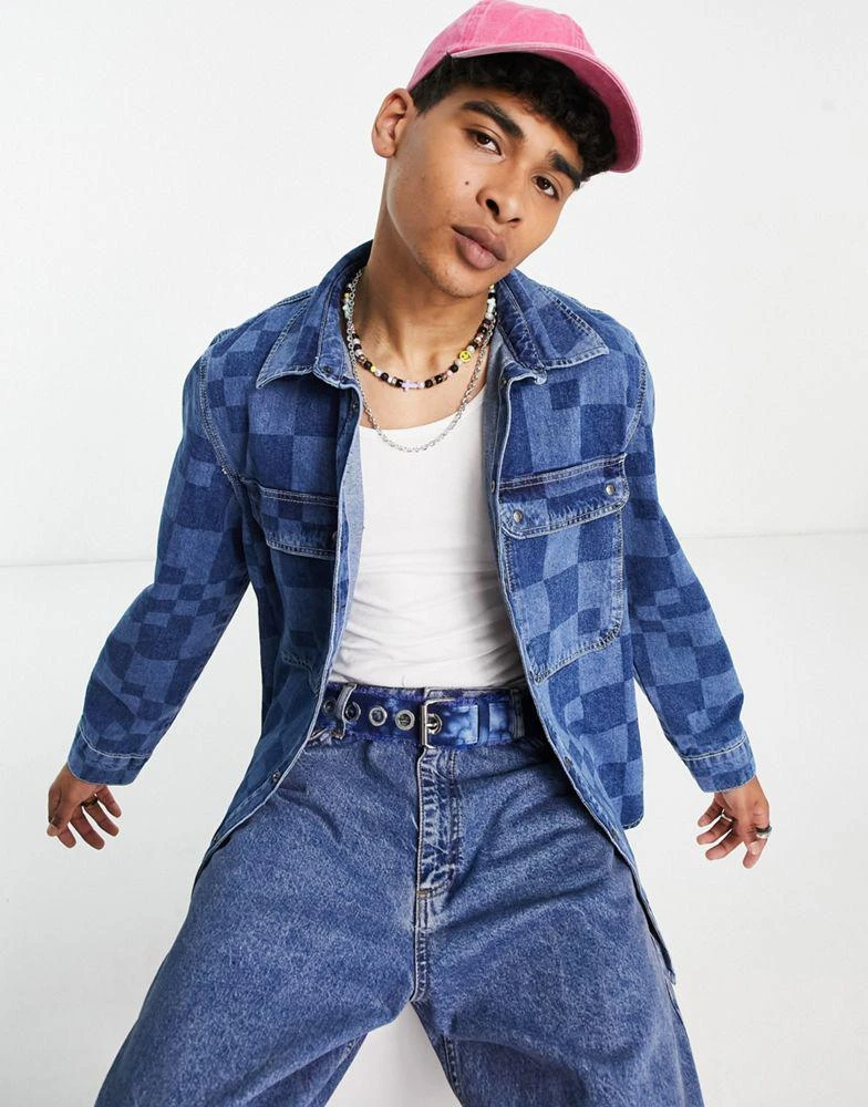 商品The Ragged Priest|The Ragged Priest seasons checkerboard denim shirt in blue,价格¥323,第1张图片