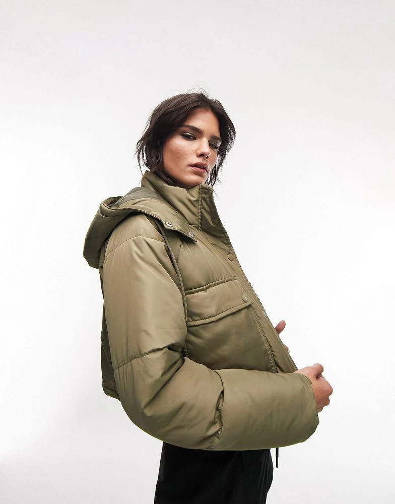 商品Topshop|Topshop cropped hooded puffer jacket in khaki,价格¥329,第2张图片详细描述