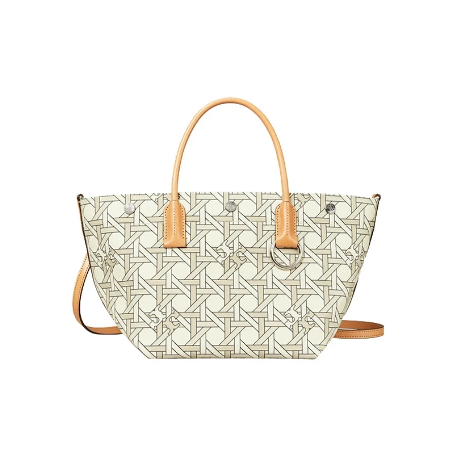 商品[国内直发] Tory Burch|汤丽柏琦TB女包奢侈品19几何图形象牙白帆布配皮小号Tote购物袋单肩斜挎托特包 146547-100,价格¥2381,第1张图片