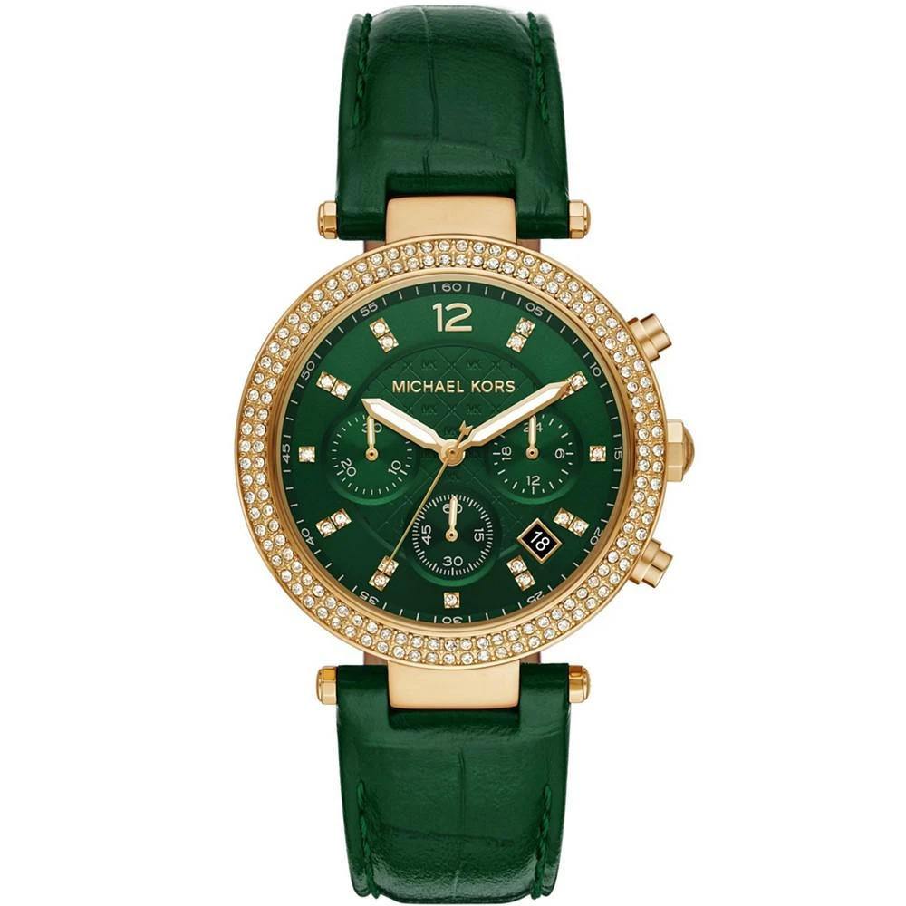 商品Michael Kors|Women's Parker Chronograph Green Leather Strap Watch 39mm,价格¥1867,第1张图片