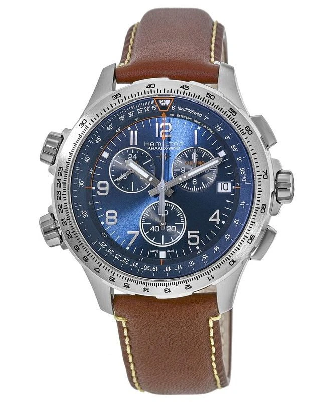 商品Hamilton|Hamilton Khaki X-Wind GMT Chrono Quartz Blue Dial Brown Leather Strap Men's Watch H77922541,价格¥5474,第1张图片