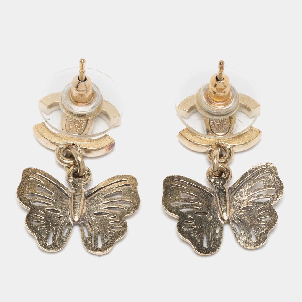 Chanel Pale Gold Tone Crystal CC Butterfly Drop Earrings商品第4张图片规格展示