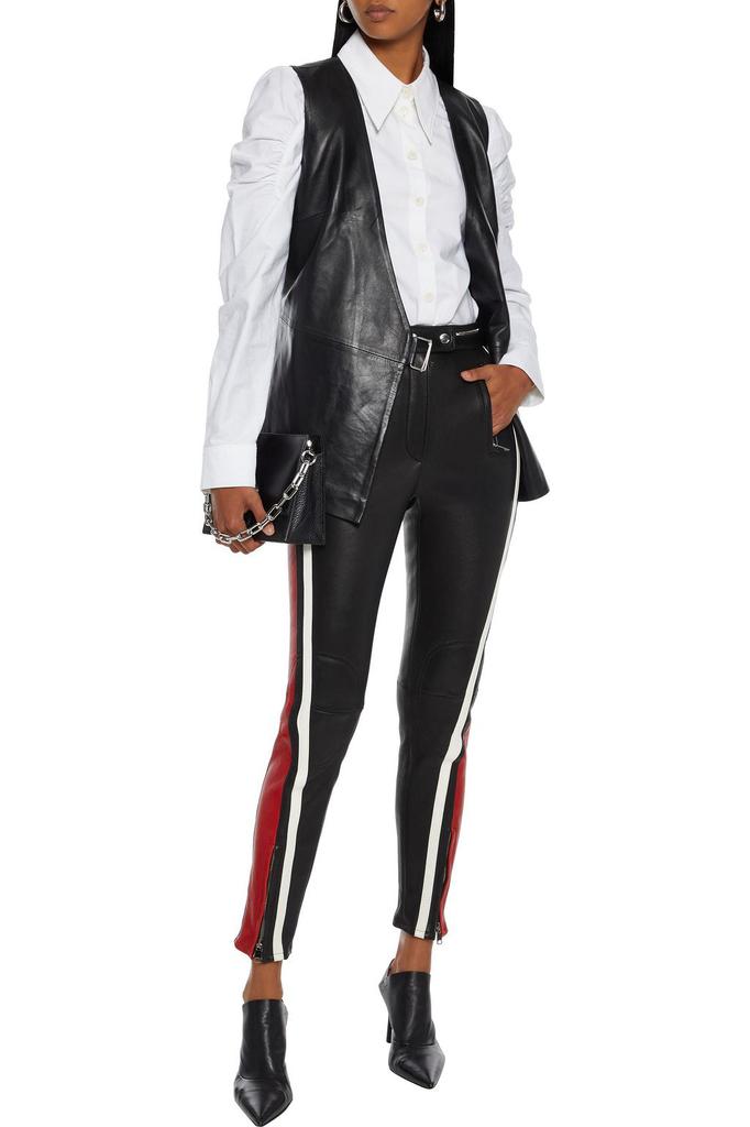 Zip-embellished striped leather skinny pants商品第2张图片规格展示