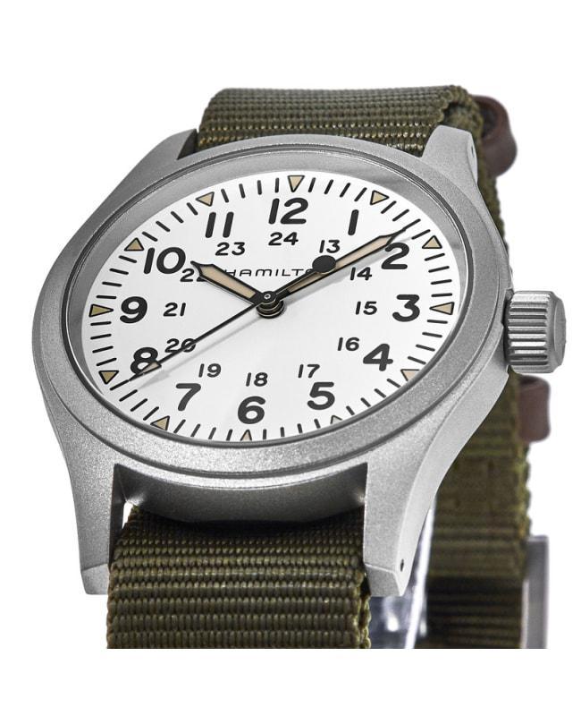 商品Hamilton|Hamilton Khaki Field Mechanical White Dial Green Fabric Strap Men's Watch H69439411,价格¥3315,第4张图片详细描述