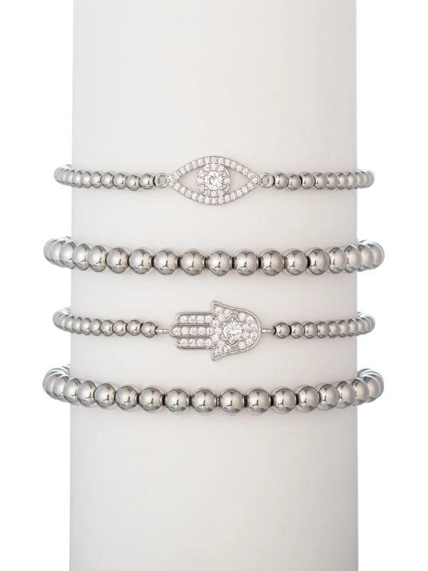 商品Eye Candy LA|Luxe 4-Piece Silvertone Titanium Evil Eye, Hamsa & Cubic Zirconia Crystal Beaded Bracelet Set,价格¥435,第1张图片