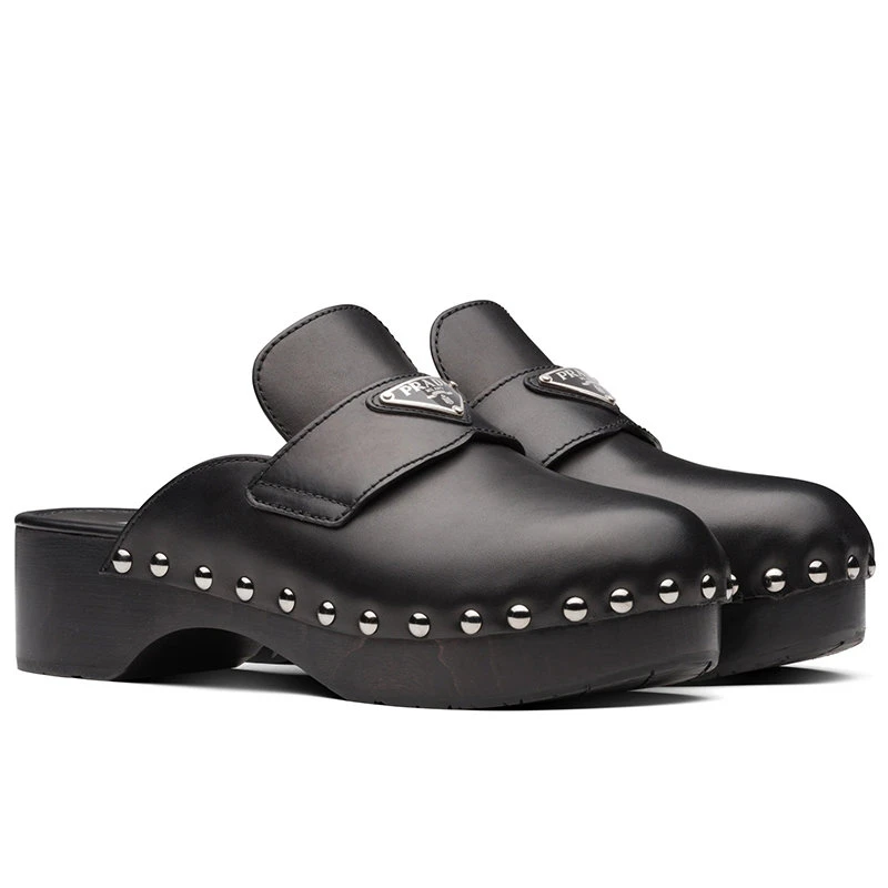 商品Prada|【预售3-7天】PRADA/普拉达 女士黑色铆钉装饰皮革木底鞋1Z794M_248_F0002_F_045,价格¥7706,第6张图片详细描述