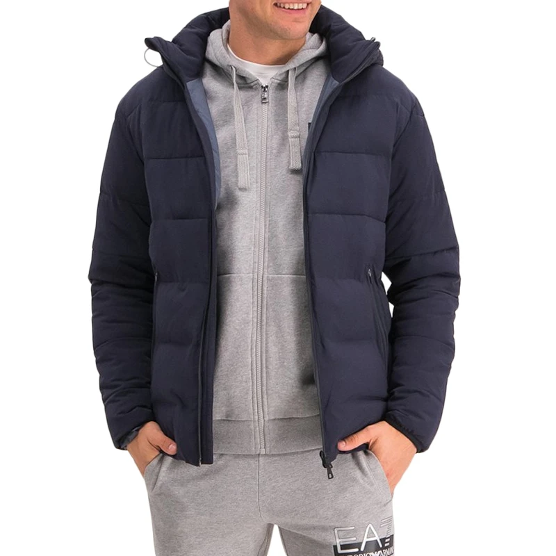 商品Emporio Armani|Emporio Armani 安普里奥 阿玛尼 男士黑蓝色锦纶氨纶混纺连帽棉服长袖拉链外套时尚夹克 6GPB23-NB7Z-1578,价格¥2006,第1张图片